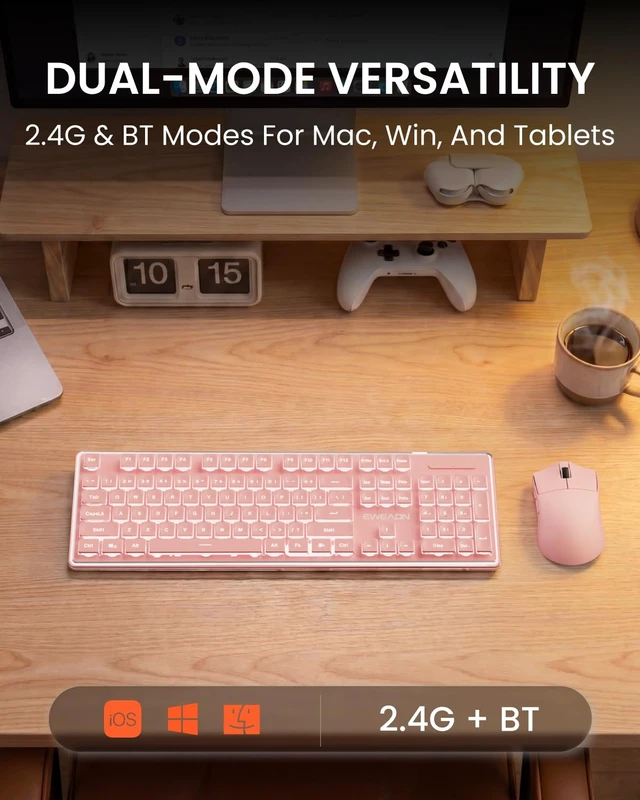 Alt view image 4 of 7 - Wireless Keyboard and Mouse Combo with White Backlit, Rechargeable-Pink | Dual Mode Bluetooth & 2.4G, Multi-Device, Pudding Keycaps, Soft Click Typing, Full-size Desk Set for Laptop, PC, Windows
