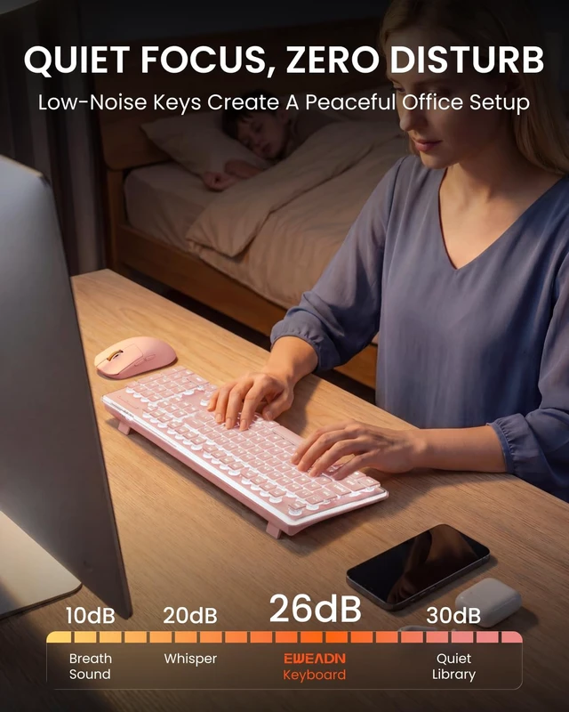 Alt view image 7 of 7 - Wireless Keyboard and Mouse Combo with White Backlit, Rechargeable-Pink | Dual Mode Bluetooth & 2.4G, Multi-Device, Pudding Keycaps, Soft Click Typing, Full-size Desk Set for Laptop, PC, Windows