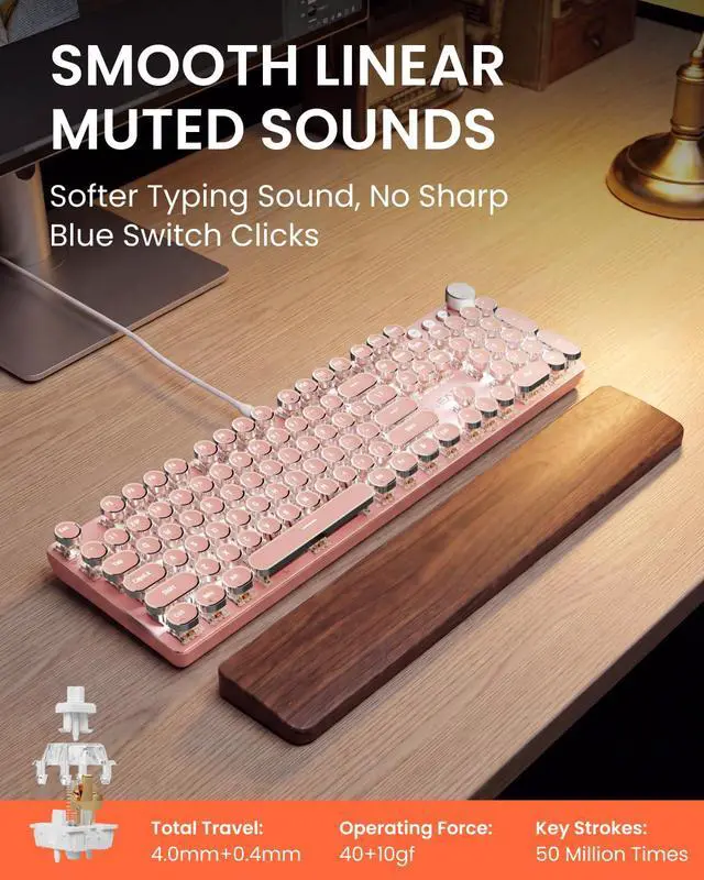 Alt view image 2 of 7 - EWEADN Wired Typewriter Mechanical Keyboard, Low Noise White Switch Retro Punk Keyboard with Media Knob, White Backlit, Metal Panel, 104-Key Round Keycaps Cute Keyboard for Windows PC - Pink
