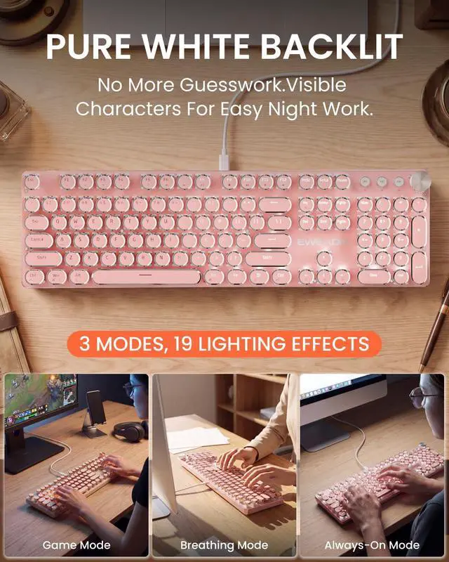 Alt view image 3 of 7 - EWEADN Wired Typewriter Mechanical Keyboard, Low Noise White Switch Retro Punk Keyboard with Media Knob, White Backlit, Metal Panel, 104-Key Round Keycaps Cute Keyboard for Windows PC - Pink
