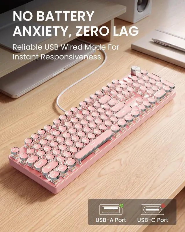 Alt view image 5 of 7 - EWEADN Wired Typewriter Mechanical Keyboard, Low Noise White Switch Retro Punk Keyboard with Media Knob, White Backlit, Metal Panel, 104-Key Round Keycaps Cute Keyboard for Windows PC - Pink