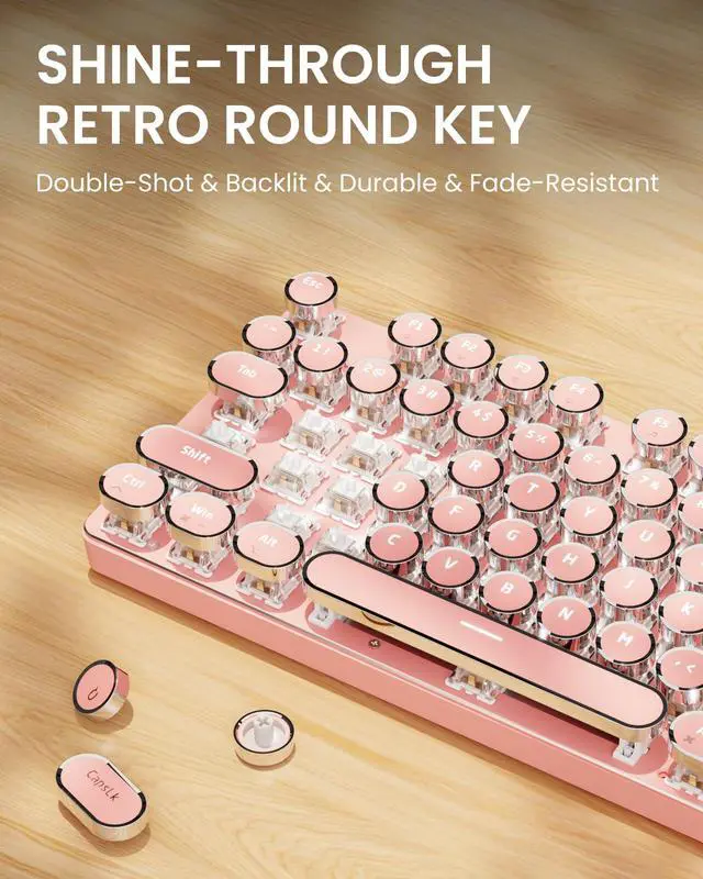 Alt view image 7 of 7 - EWEADN Wired Typewriter Mechanical Keyboard, Low Noise White Switch Retro Punk Keyboard with Media Knob, White Backlit, Metal Panel, 104-Key Round Keycaps Cute Keyboard for Windows PC - Pink