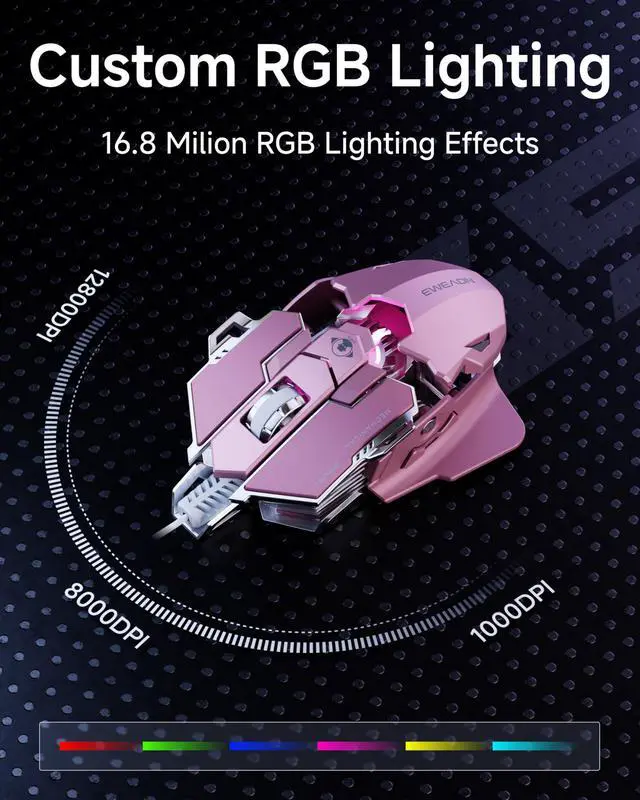 Alt view image 4 of 7 - EWEADN G5 Wired Gaming Mouse with Adjustable Tail, 12800 DPI Programmable Computer Mouse with RGB Backlit, 9 Macro Buttons, Rapid Fire Key & Aluminum Base Ergonomic PC Mice for Laptop, PC-Pink