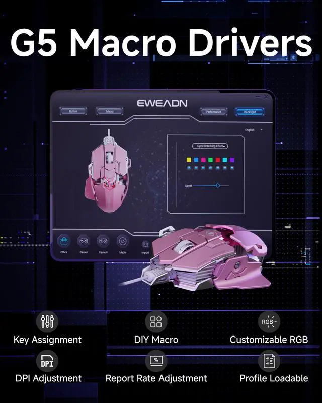 Alt view image 5 of 7 - EWEADN G5 Wired Gaming Mouse with Adjustable Tail, 12800 DPI Programmable Computer Mouse with RGB Backlit, 9 Macro Buttons, Rapid Fire Key & Aluminum Base Ergonomic PC Mice for Laptop, PC-Pink