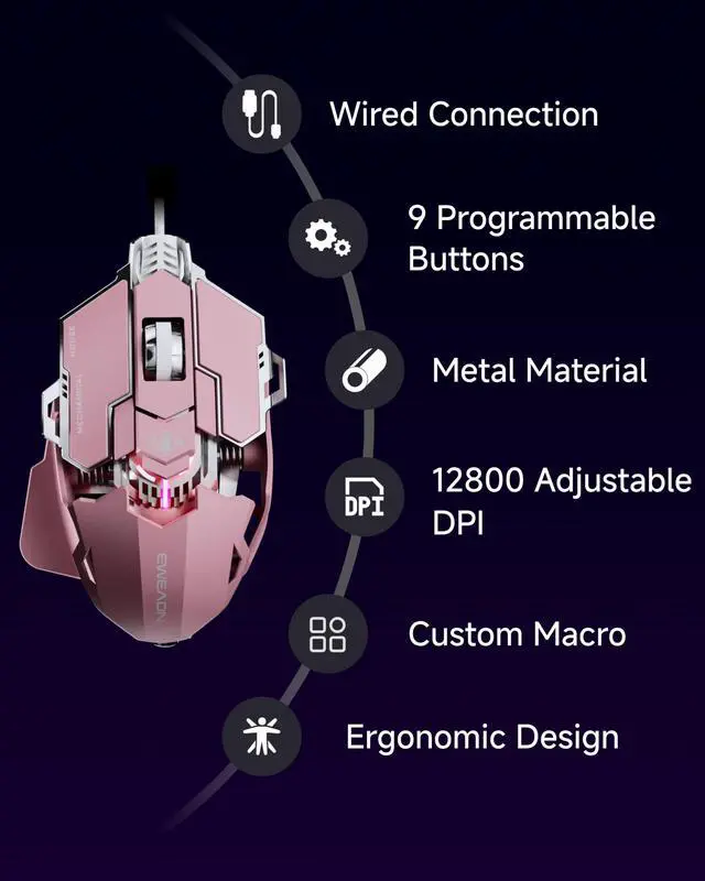 Alt view image 3 of 7 - EWEADN G5 Wired Gaming Mouse with Adjustable Tail, 12800 DPI Programmable Computer Mouse with RGB Backlit, 9 Macro Buttons, Rapid Fire Key & Aluminum Base Ergonomic PC Mice for Laptop, PC-Pink