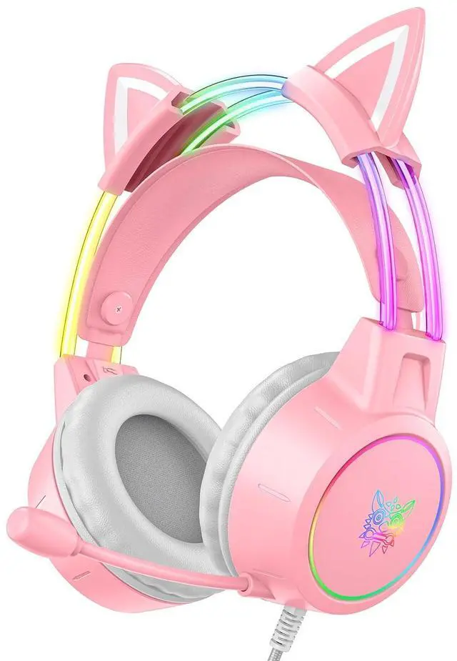Main image of Lightweight Gaming Headset, RGB Lighting, Wired Over Ear Headphones with Mic for PC Laptop PS4 PS5 Switch, Stereo Surround Sound, Self-Adjusting Headband, Pink Cat Ear