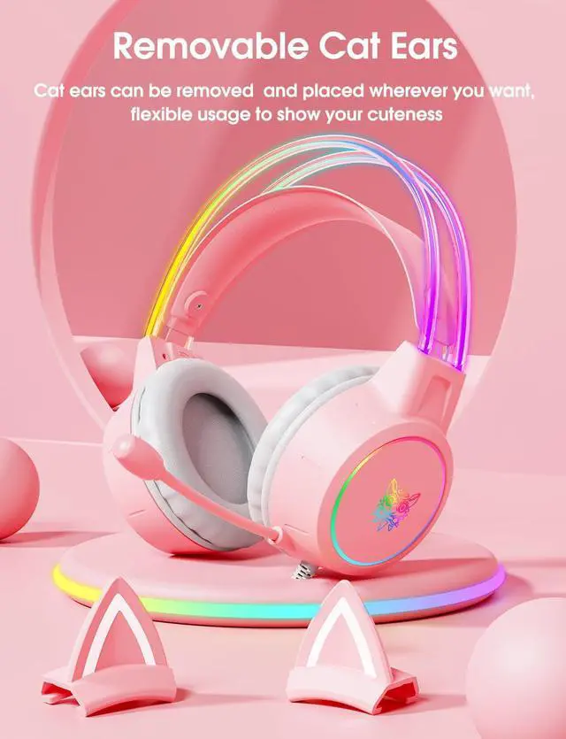 Alt view image 2 of 7 - Lightweight Gaming Headset, RGB Lighting, Wired Over Ear Headphones with Mic for PC Laptop PS4 PS5 Switch, Stereo Surround Sound, Self-Adjusting Headband, Pink Cat Ear