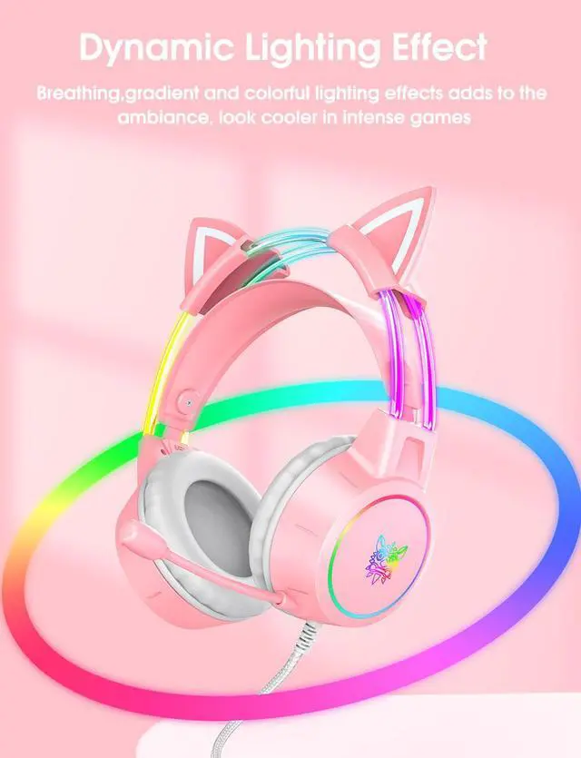 Alt view image 3 of 7 - Lightweight Gaming Headset, RGB Lighting, Wired Over Ear Headphones with Mic for PC Laptop PS4 PS5 Switch, Stereo Surround Sound, Self-Adjusting Headband, Pink Cat Ear