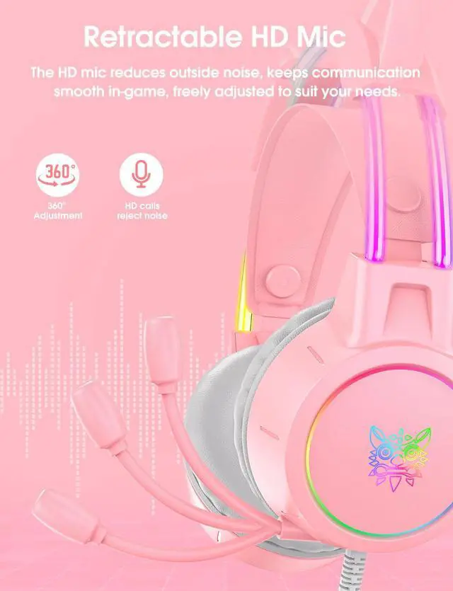 Alt view image 5 of 7 - Lightweight Gaming Headset, RGB Lighting, Wired Over Ear Headphones with Mic for PC Laptop PS4 PS5 Switch, Stereo Surround Sound, Self-Adjusting Headband, Pink Cat Ear