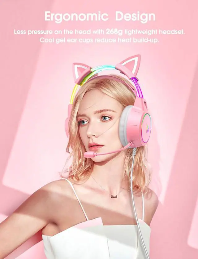 Alt view image 7 of 7 - Lightweight Gaming Headset, RGB Lighting, Wired Over Ear Headphones with Mic for PC Laptop PS4 PS5 Switch, Stereo Surround Sound, Self-Adjusting Headband, Pink Cat Ear