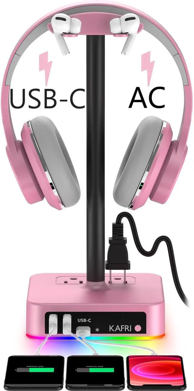Main image of RGB Headphone Stand with USB Charger Desk Gaming Headset Holder Hanger Rack with 3 USB Charging Port and 2 Outlet - Suitable for Gamer Desktop Table Game Earphone Accessories Girlfriend Gift