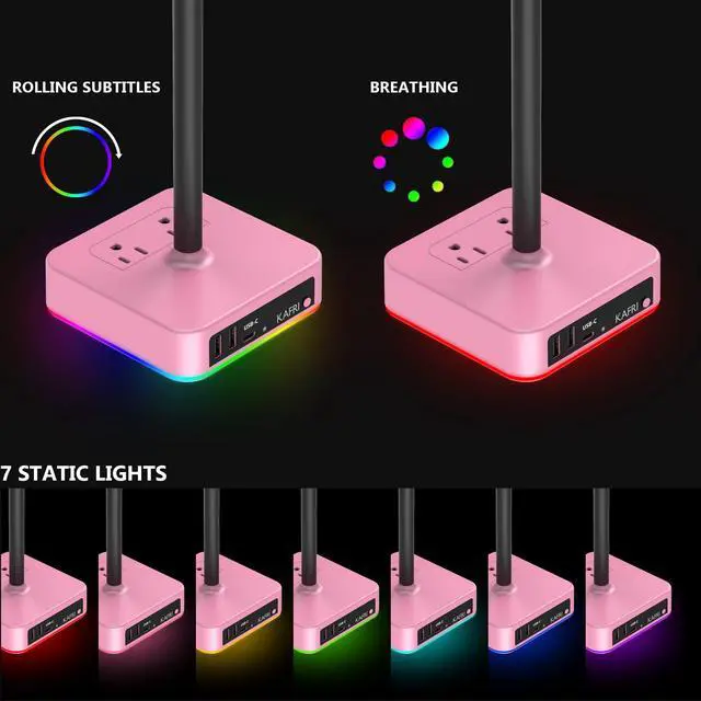 Alt view image 2 of 7 - RGB Headphone Stand with USB Charger Desk Gaming Headset Holder Hanger Rack with 3 USB Charging Port and 2 Outlet - Suitable for Gamer Desktop Table Game Earphone Accessories Girlfriend Gift