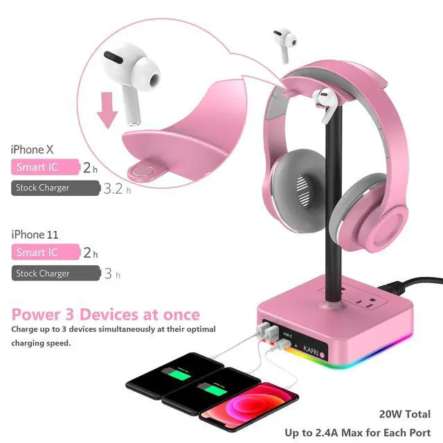 Alt view image 3 of 7 - RGB Headphone Stand with USB Charger Desk Gaming Headset Holder Hanger Rack with 3 USB Charging Port and 2 Outlet - Suitable for Gamer Desktop Table Game Earphone Accessories Girlfriend Gift