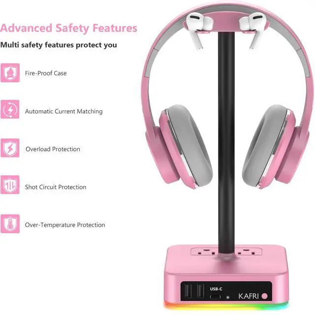 Alt view image 6 of 7 - RGB Headphone Stand with USB Charger Desk Gaming Headset Holder Hanger Rack with 3 USB Charging Port and 2 Outlet - Suitable for Gamer Desktop Table Game Earphone Accessories Girlfriend Gift