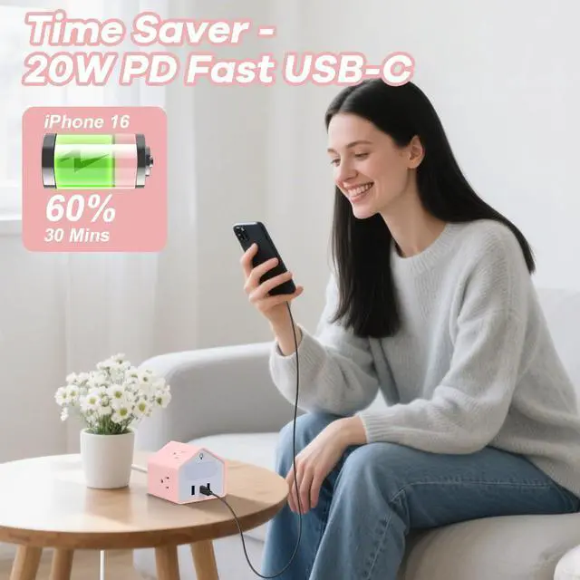 Alt view image 3 of 7 - Lovely-Pink Power Strip with Night Light, Kawaii USB C Desk Accessories
