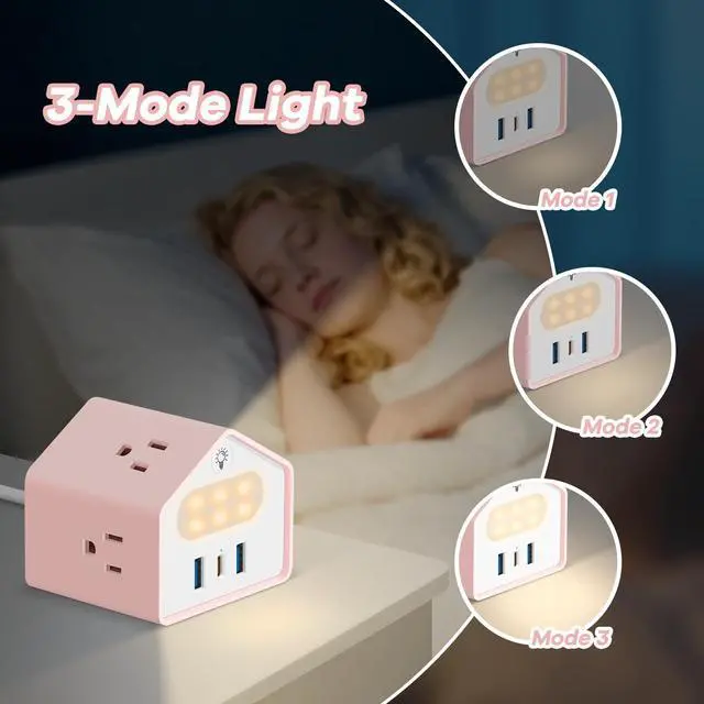 Alt view image 7 of 7 - Lovely-Pink Power Strip with Night Light, Kawaii USB C Desk Accessories