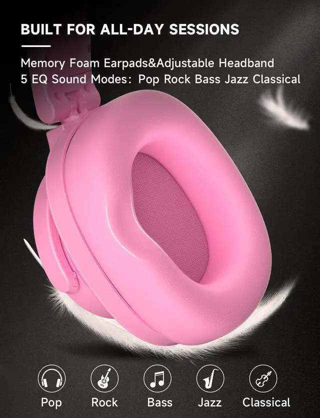 Alt view image 6 of 7 - Bluetooth Over Ear Headphones, Wireless Studio Monitor & Mixing DJ Headphones with 72H Playtime, Hi-Res, Built-in Mic, 3.5mm/6.35mm Wired Audio Jack for Guitar AMP, Podcast, PC Gaming - Pink