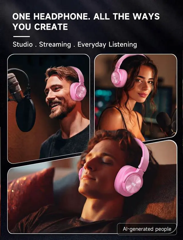Alt view image 7 of 7 - Bluetooth Over Ear Headphones, Wireless Studio Monitor & Mixing DJ Headphones with 72H Playtime, Hi-Res, Built-in Mic, 3.5mm/6.35mm Wired Audio Jack for Guitar AMP, Podcast, PC Gaming - Pink