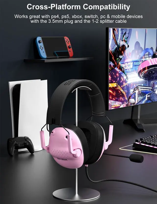 Alt view image 6 of 7 - SG500 Surround Sound Pro Gaming Headset with Noise Cancelling Microphone - Soft Memory Foam Padding - Portable Foldable Headphones for PC, PS4, PS5, Xbox One, Switch - Pink