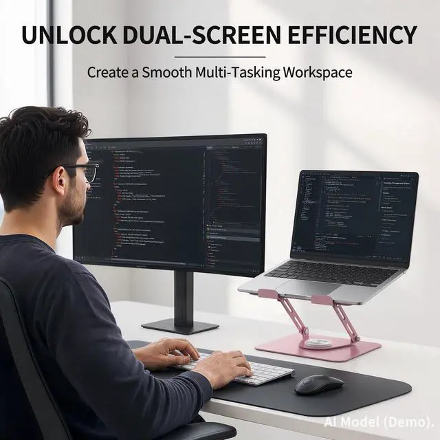 Alt view image 3 of 7 - Laptop Stand for Desk with 360° Rotating Base, Multi-Angle Adjustable Laptop Stands, Foldable Laptop Riser Compatible with 10 to 17 Inches PC Computer, Pink
