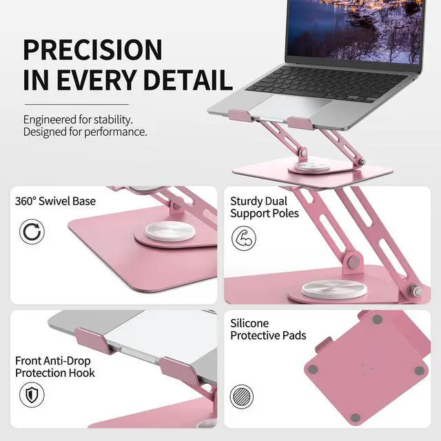 Alt view image 4 of 7 - Laptop Stand for Desk with 360° Rotating Base, Multi-Angle Adjustable Laptop Stands, Foldable Laptop Riser Compatible with 10 to 17 Inches PC Computer, Pink