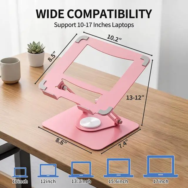 Alt view image 5 of 7 - Laptop Stand for Desk with 360° Rotating Base, Multi-Angle Adjustable Laptop Stands, Foldable Laptop Riser Compatible with 10 to 17 Inches PC Computer, Pink