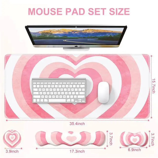 Alt view image 2 of 7 - Desk Mat Set, Pink Heart Mouse Pad and Keyboard Wrist Rest