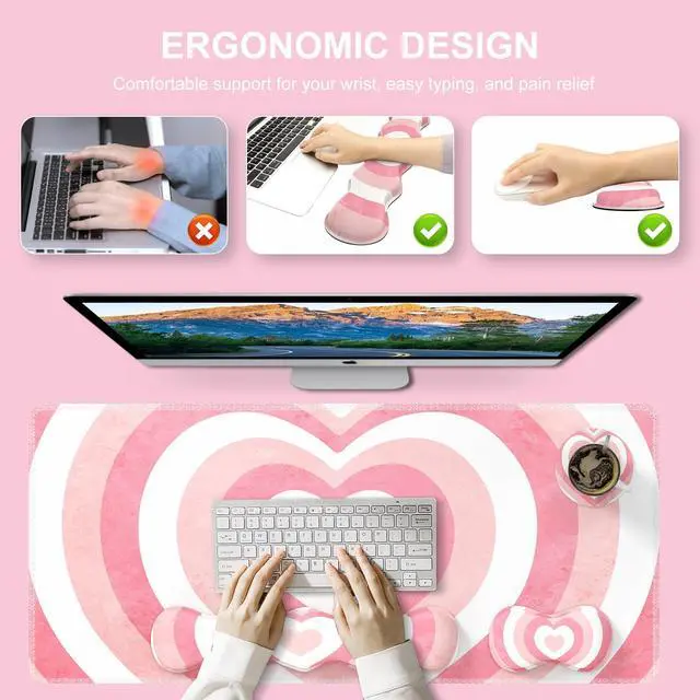 Alt view image 3 of 7 - Desk Mat Set, Pink Heart Mouse Pad and Keyboard Wrist Rest