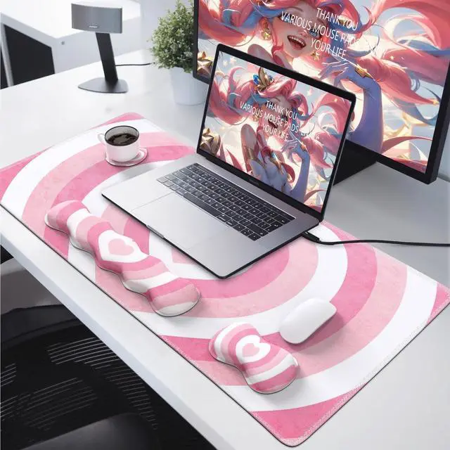Alt view image 7 of 7 - Desk Mat Set, Pink Heart Mouse Pad and Keyboard Wrist Rest