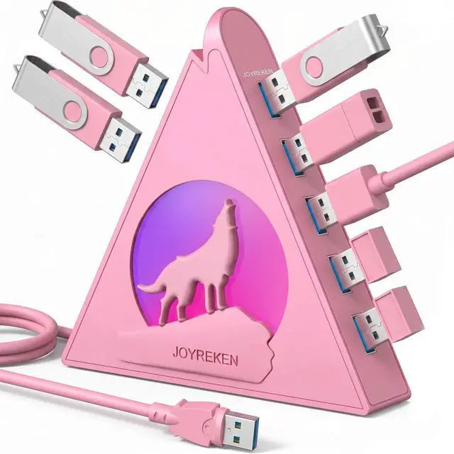 Main image of 7 USB 3.0 Ports, Howling Wolf Pink USB Hub - 2FT Long Cable, Vertical USB Hub Expander Compatible with PC, Laptop, Flash Drive, HDD, Console, Printer, Keyborad, Mouse