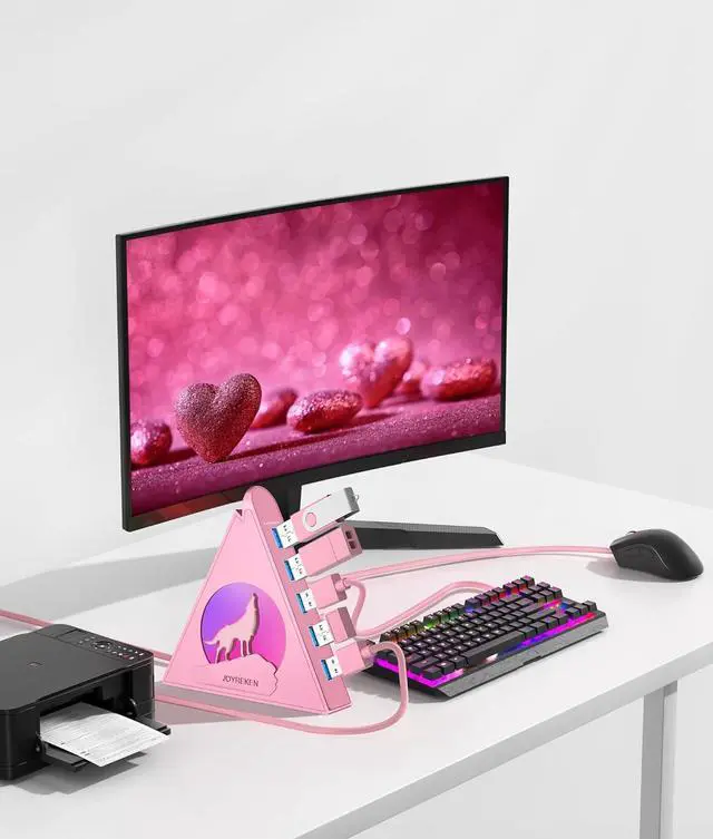 Alt view image 4 of 7 - 7 USB 3.0 Ports, Howling Wolf Pink USB Hub - 2FT Long Cable, Vertical USB Hub Expander Compatible with PC, Laptop, Flash Drive, HDD, Console, Printer, Keyborad, Mouse