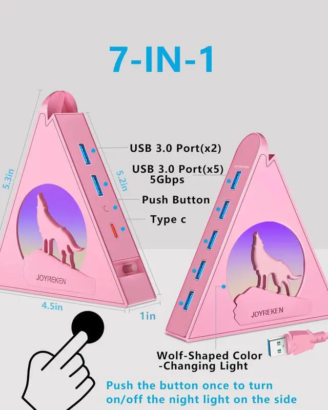 Alt view image 2 of 7 - 7 USB 3.0 Ports, Howling Wolf Pink USB Hub - 2FT Long Cable, Vertical USB Hub Expander Compatible with PC, Laptop, Flash Drive, HDD, Console, Printer, Keyborad, Mouse