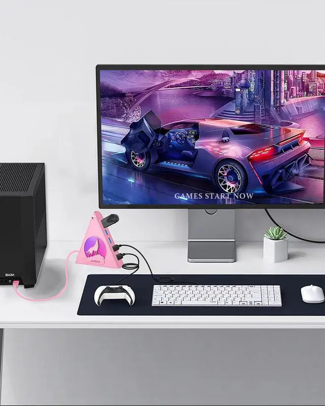 Alt view image 6 of 7 - 7 USB 3.0 Ports, Howling Wolf Pink USB Hub - 2FT Long Cable, Vertical USB Hub Expander Compatible with PC, Laptop, Flash Drive, HDD, Console, Printer, Keyborad, Mouse