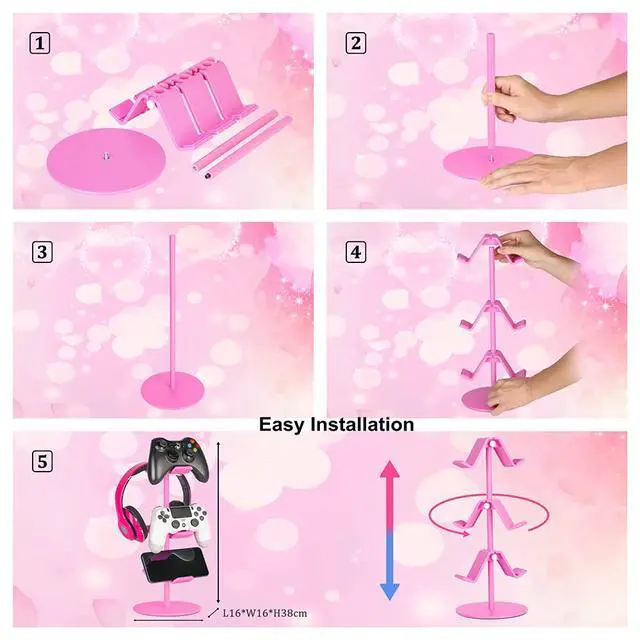 Alt view image 4 of 7 - Controller Holder Pink,Headphone Stand,3 Tier Multi Adjustable Game Controller Headset Hanger for All Universal Gaming PC Accessories, Xbox PS4 PS5 Nintendo Switch(Cute Pink)