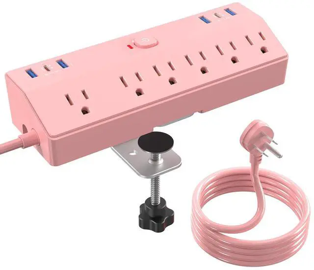 Main image of Pink Desk Clamp Power Strip 6FT with 40W USB C Ports, JXGUCAT Flat Plug Desk Mount Power Strip Surge Protector, Removable Extension Cord with 2 USB-C Ports 6 Outlets, Fits 1.8" Tabletop Edge