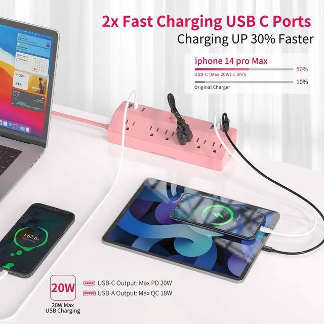 Alt view image 2 of 7 - Pink Desk Clamp Power Strip 6FT with 40W USB C Ports, JXGUCAT Flat Plug Desk Mount Power Strip Surge Protector, Removable Extension Cord with 2 USB-C Ports 6 Outlets, Fits 1.8" Tabletop Edge