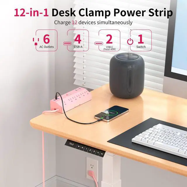 Alt view image 3 of 7 - Pink Desk Clamp Power Strip 6FT with 40W USB C Ports, JXGUCAT Flat Plug Desk Mount Power Strip Surge Protector, Removable Extension Cord with 2 USB-C Ports 6 Outlets, Fits 1.8" Tabletop Edge