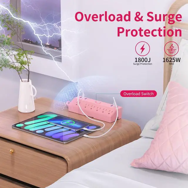 Alt view image 4 of 7 - Pink Desk Clamp Power Strip 6FT with 40W USB C Ports, JXGUCAT Flat Plug Desk Mount Power Strip Surge Protector, Removable Extension Cord with 2 USB-C Ports 6 Outlets, Fits 1.8" Tabletop Edge