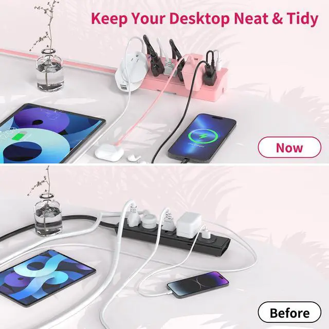 Alt view image 5 of 7 - Pink Desk Clamp Power Strip 6FT with 40W USB C Ports, JXGUCAT Flat Plug Desk Mount Power Strip Surge Protector, Removable Extension Cord with 2 USB-C Ports 6 Outlets, Fits 1.8" Tabletop Edge