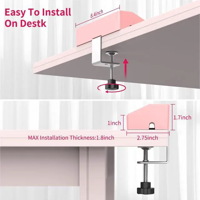 Alt view image 6 of 7 - Pink Desk Clamp Power Strip 6FT with 40W USB C Ports, JXGUCAT Flat Plug Desk Mount Power Strip Surge Protector, Removable Extension Cord with 2 USB-C Ports 6 Outlets, Fits 1.8" Tabletop Edge