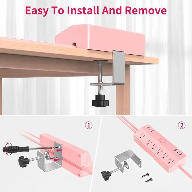 Alt view image 7 of 7 - Pink Desk Clamp Power Strip 6FT with 40W USB C Ports, JXGUCAT Flat Plug Desk Mount Power Strip Surge Protector, Removable Extension Cord with 2 USB-C Ports 6 Outlets, Fits 1.8" Tabletop Edge