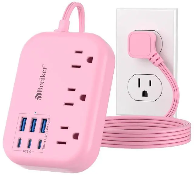 Main image of 6 USB (3 USB C) Pink Power Strip, 5Ft Extension Cord, 3 Outlets