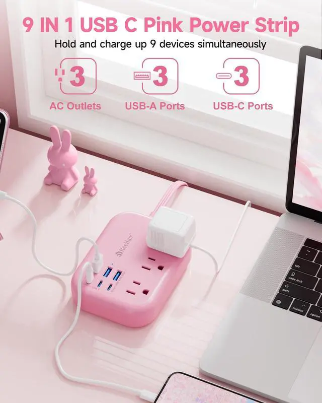 Alt view image 3 of 7 - 6 USB (3 USB C) Pink Power Strip, 5Ft Extension Cord, 3 Outlets