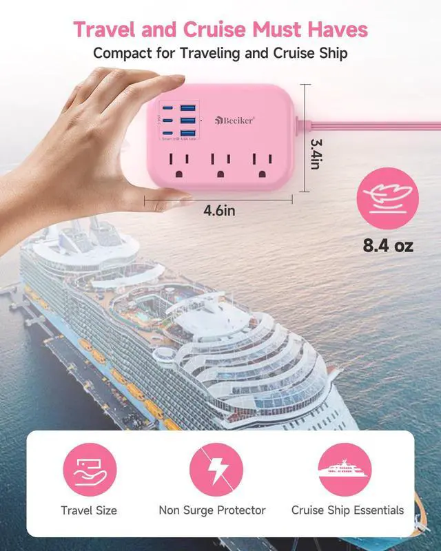 Alt view image 4 of 7 - 6 USB (3 USB C) Pink Power Strip, 5Ft Extension Cord, 3 Outlets