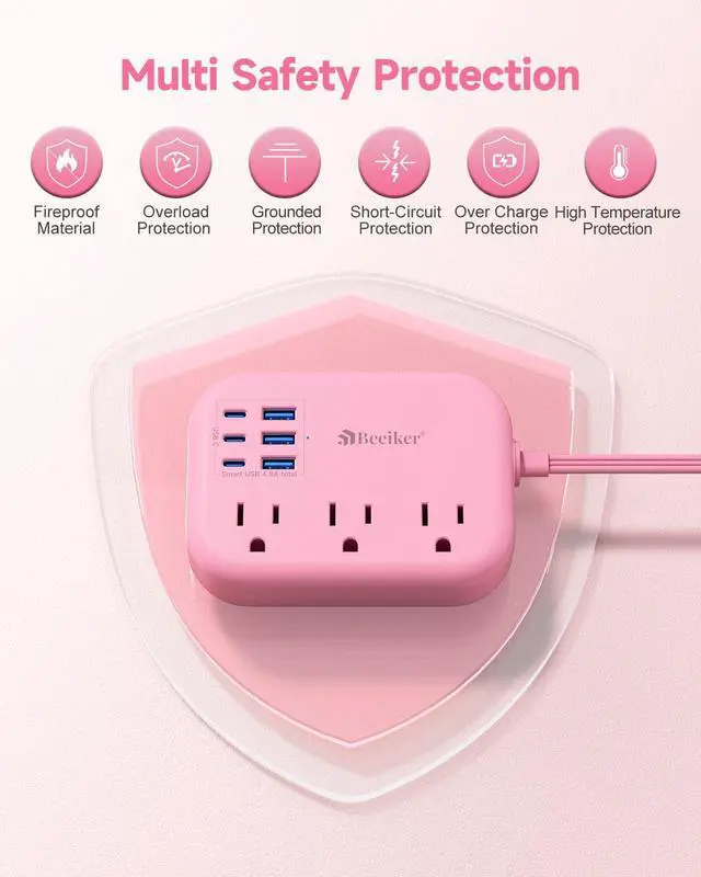 Alt view image 6 of 7 - 6 USB (3 USB C) Pink Power Strip, 5Ft Extension Cord, 3 Outlets