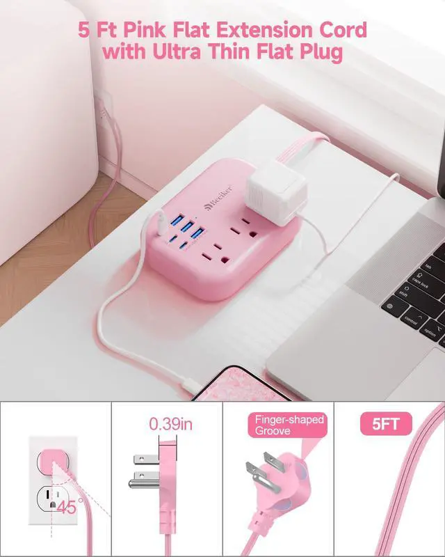 Alt view image 5 of 7 - 6 USB (3 USB C) Pink Power Strip, 5Ft Extension Cord, 3 Outlets