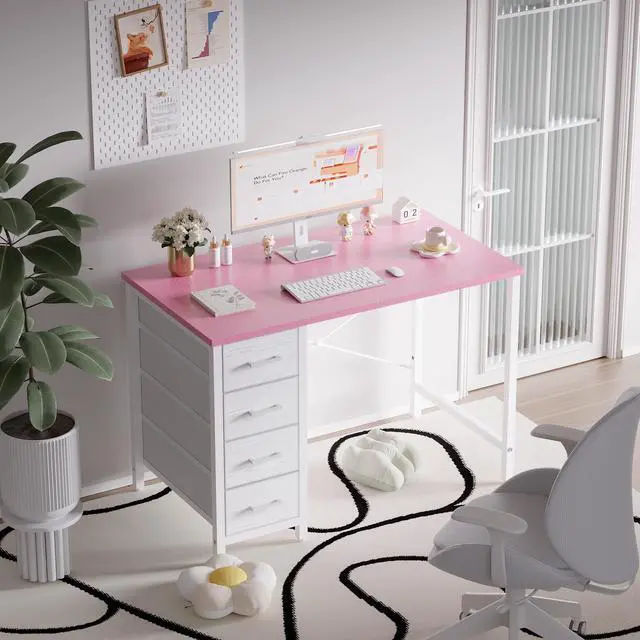 Alt view image 2 of 6 - 32 Inch Computer Desk with 4 Drawers Small Office Desk for Home Bedroom Study Writing Simple Modern Computer Table Pink