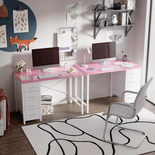 Alt view image 3 of 6 - 32 Inch Computer Desk with 4 Drawers Small Office Desk for Home Bedroom Study Writing Simple Modern Computer Table Pink