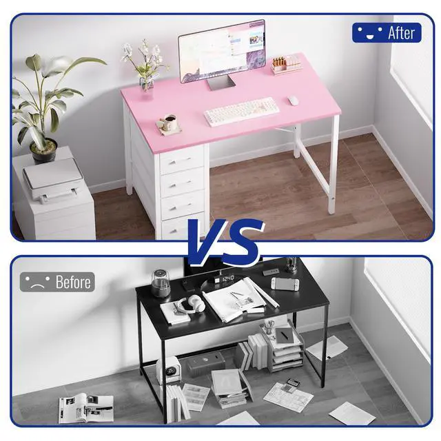 Alt view image 4 of 6 - 32 Inch Computer Desk with 4 Drawers Small Office Desk for Home Bedroom Study Writing Simple Modern Computer Table Pink