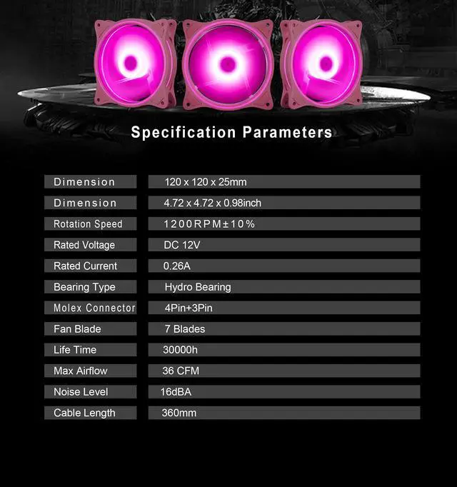 Alt view image 4 of 7 - 120mm Pink LED Quiet 12V PC Computer Gaming Cooling Fan with Triple-Light Loop for PC/CPU/Case Cooling (3-Pack)